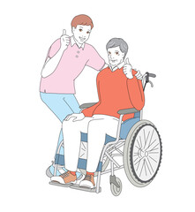 介護士に車椅子を押してもらうシニア男性