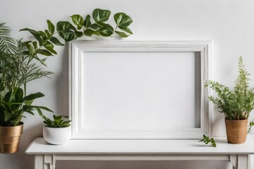Plant-filled white mantle with an empty frame as part of a mock-up for an art show - obrazy, fototapety, plakaty