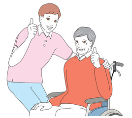介護士に車椅子を押してもらうシニア男性