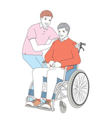 介護士に車椅子を押してもらうシニア男性