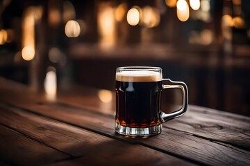 Small glass of dark beer on a textured wooden table - obrazy, fototapety, plakaty