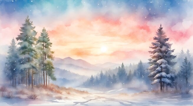 Watercolor winter pine forest with beautiful mountains landscape and sunset sky background