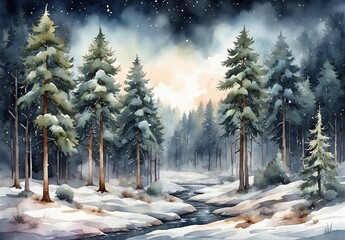 Watercolor illustration of winter pine forest with dark sky background - obrazy, fototapety, plakaty
