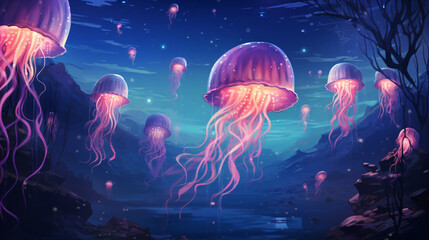 A group of jellyfish swimming in a blue sea - obrazy, fototapety, plakaty