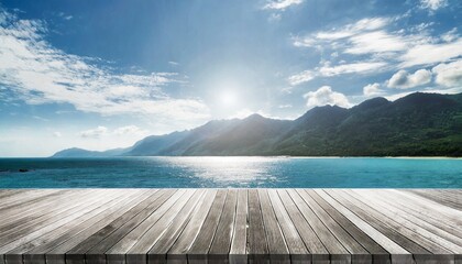 Panoramic Product Platform: Wooden Floor Against Sea and Mountain Views