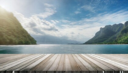 Montage Magic: Empty Wooden Floor with Picturesque Sea and Mountain