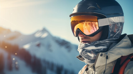 Man in ski goggles. Close-up of a young man in a mask a sunny day