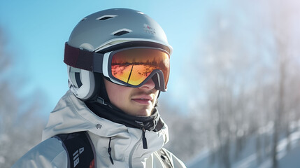 Man in ski goggles. Close-up of a young man in a mask a sunny day