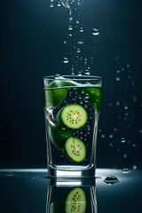 Product photography featuring small slices of cucumber falling into a glass of clear filtered water. Macro detail.