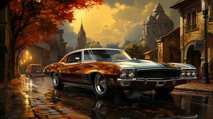 Contemporary Art Oil Painting of Colorful Vintage Classic Car Cityscape Background