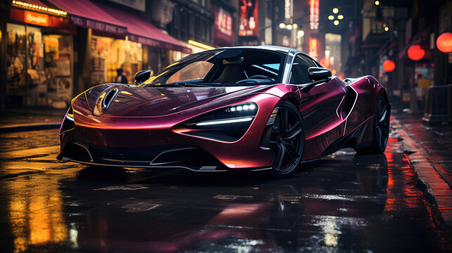 Super Car Sits A Metro City Street With Neon Lights on Blurry Background