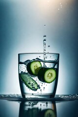 Product photography featuring small slices of cucumber falling into a glass of clear filtered water. Macro detail.