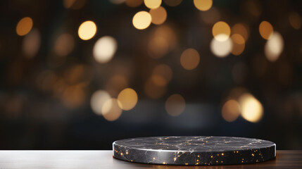 Closeup of podium placed on a wooden table and dark, luxurious bokeh background