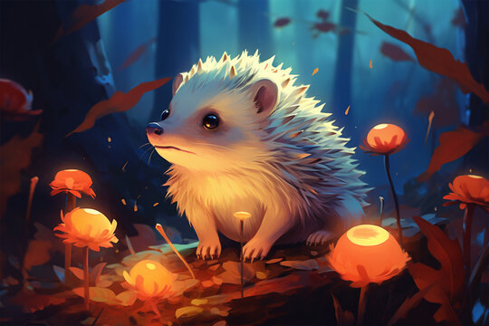 painting style landscape background, a hedgehog in the forest