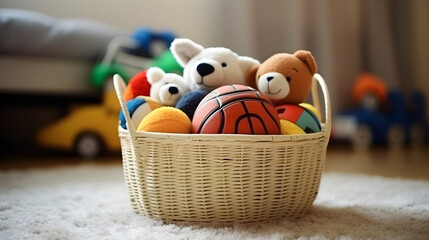 Fototapeta na wymiar A basket with children's toys on the floor in the children's room