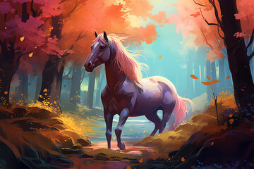 painting style landscape background, a horse in the forest