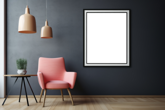 Mockup poster frame in modern interior, dark room with pink chair, decoration. Modern living room interior with pink armchair, coffee table and painting on the wall. Mock up, - Powered by Adobe
