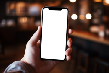 male hands holding phone with isolated screen over table in cafe. 