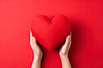 Hands Holding a Red Heart on a Red Background.  Valentine's Day, Birthday, Mother's Day.