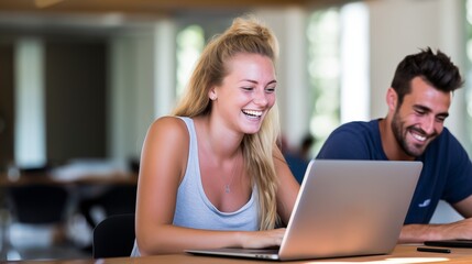 a smiling man and a woman working in front of a laptop in the office
