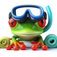 great 3d illustration of a funny red eyed tree frog going swimming with goggles and snorkel