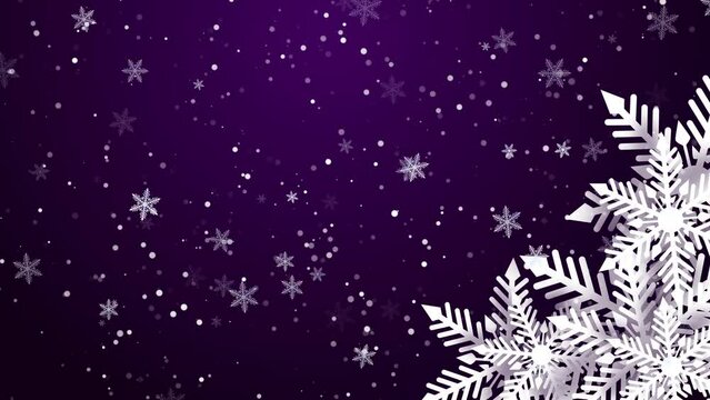 Christmas purple background with small white flying snowflakes. Corner frame with 3D snowflake ornament in style of cut paper. Looped winter animation.