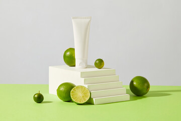 Front view of a white tube placed on a podium with fresh lemon and kumquat on a pastel background. Cosmetics advertising with sophisticated space. Cosmetics with natural extracts.