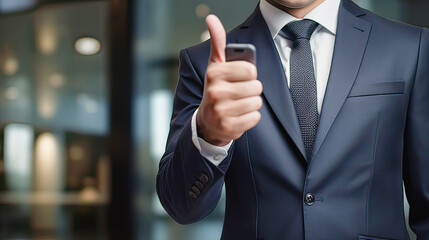 the businessman shows a sign that everything is fine and holds a mobile phone in his hands