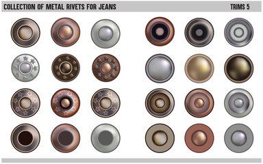 COLLECTION OF METAL RIVETS BUTTON STUDS FOR JEANS AND FOR OTHER ACCESSORIES VECTOR ILLUSTRATION - obrazy, fototapety, plakaty