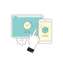 Cross device syncing, cross device tracking and cross platform software with simple line illustration concept