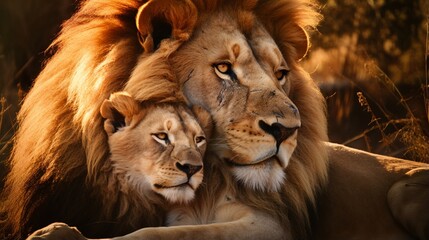 Fototapeta premium This proud male aftican lion is cuddled by his cub during an affectionate moment.