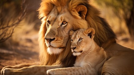This proud male aftican lion is cuddled by his cub during an affectionate moment. - obrazy, fototapety, plakaty