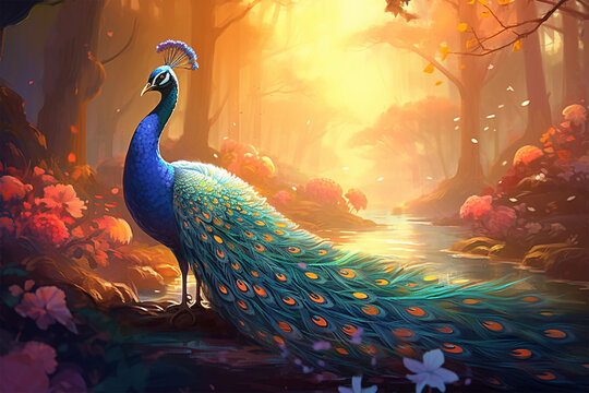 painting style landscape background, a peacock in the forest