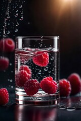 Product photography featuring small raspberries falling into a glass of clear filtered water. Macro detail.