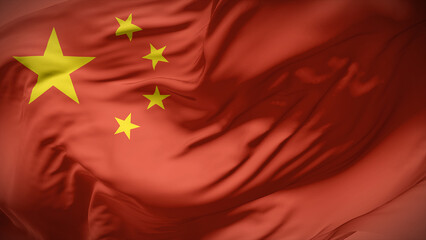 Close-up view of China national flag fluttering in the wind.