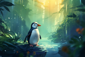 painting style landscape background, a penguin in the forest - obrazy, fototapety, plakaty