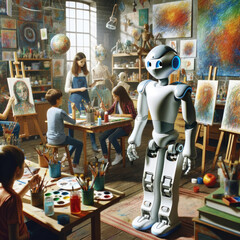 Humanoid robot assisting in an art class, helping students with their projects