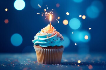 Close-up of birthday cupcake with one candle on blue background with flying confetti and bokeh