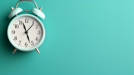 Time is running out. Turquoise alarm clock vanishing on green background, top view