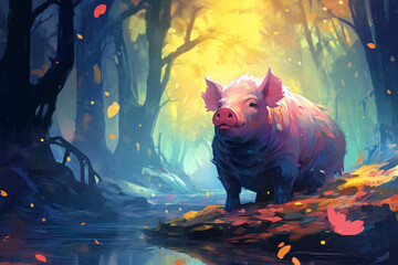 painting style landscape background, a pig in the forest