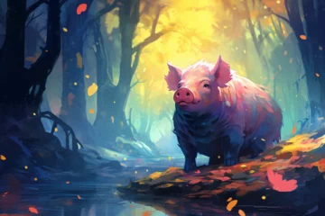 Fotobehang painting style landscape background, a pig in the forest © Yoshimura