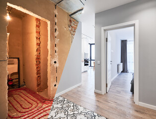 Comparison of old apartment before restoration and new renovated flat with modern interior design. Apartment with underfloor heating pipes before and after renovation.
