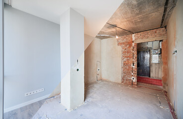 Comparison of apartment room before and after refurbishment. Old room before restoration and new renovated room with elegant interior design.