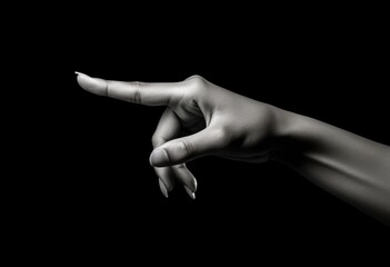 The woman's hand shows a finger-pointing icon, black and white.