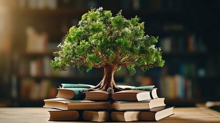 Tree of Knowledge Growing on Old Big Book in a Library. Education Concept, World Book Day, World Environment Day, Teachers’ Day, Back to School. - obrazy, fototapety, plakaty