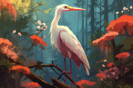 painting style landscape background, a stork in the forest