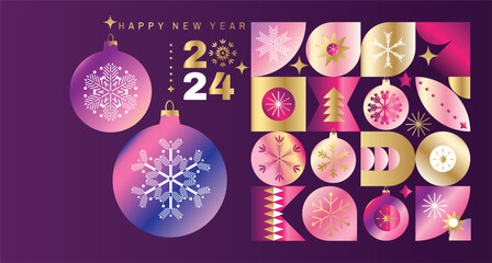 Merry Christmas and Happy New Year 2024  holiday template golden design banner, poster, card, cover  Gifts,  ball toy, christmas tree, snowflake  Modern Xmas flat geomerical vector illustration