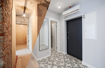 Comparison of old flat and new renovated apartment with modern interior design. Hallway before and...