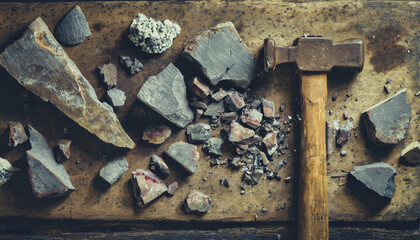 Hammer and crushed ore on workbench, top view 02