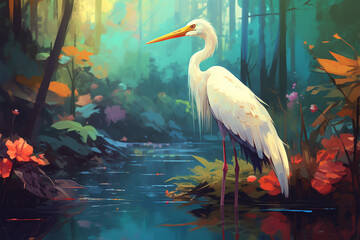 painting style landscape background, a stork in the forest - obrazy, fototapety, plakaty